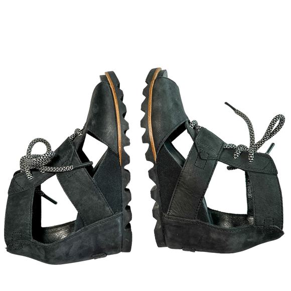 Sorel Joanie Lace Up Wedge Heel Open Toe Leather Canvas Lug Sole Sandal Black 7 - Picture 5 of 9